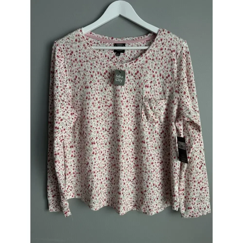 Laura Ashley Womens Top XL Floral Garden Ribbed Long Sleeve Soft Cozy Cottage
